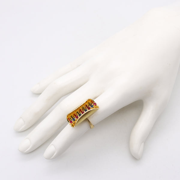 Scandinavian 1970 Op-Art Sculptural Ring In 18Kt Gold With Sapphires And Rubies