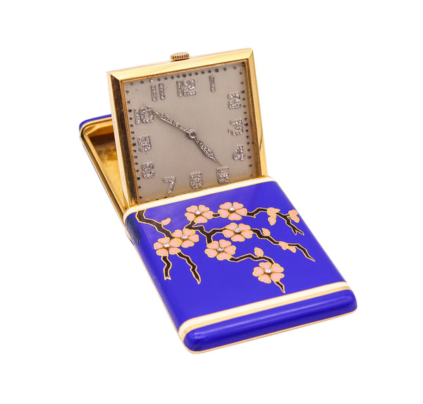 Art Deco 1925 Japonism Enameled Travel Clock In 18Kt Yellow Gold With Diamonds