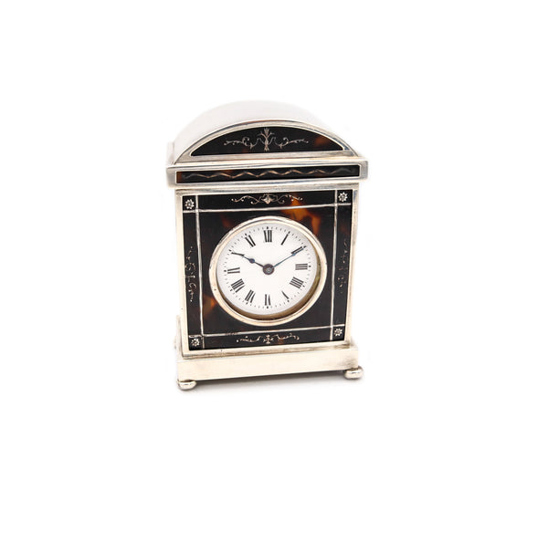 Charles And Richard Comyns 1920 London Neo Classic Carriage Table Clock In Sterling Silver And Shell