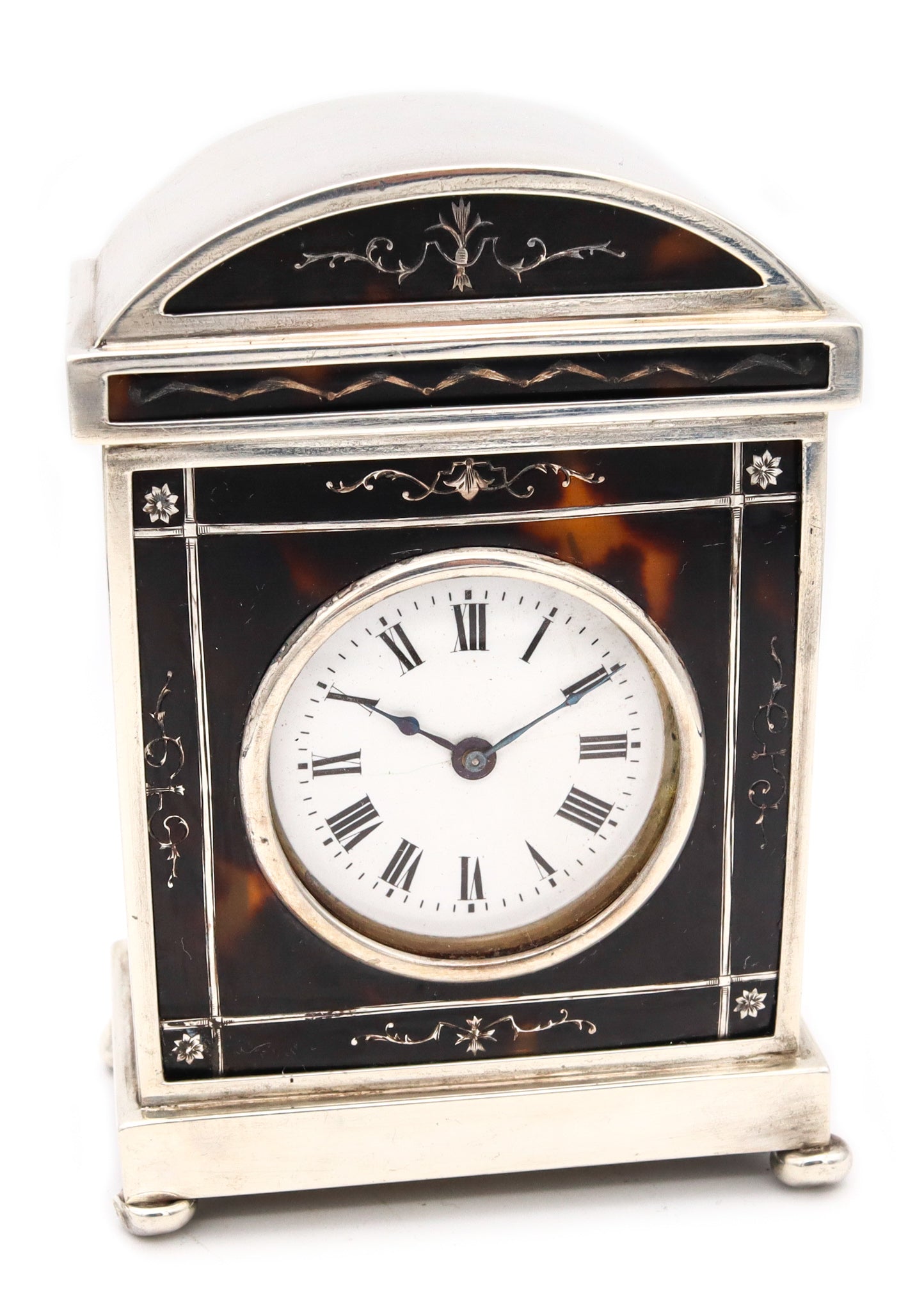 Charles And Richard Comyns 1920 London Neo Classic Carriage Table Clock In Sterling Silver And Shell
