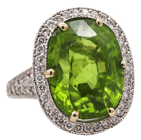 AGL Certified Cocktail Ring In 18Kt White Gold With 15.13 Cts Burmese Peridot & Diamonds