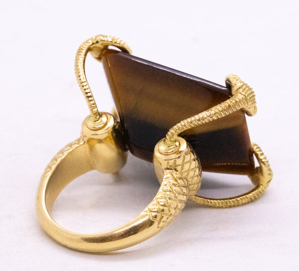 GUCCI ITALY 18 KT GOLD HORSE BIT RING WITH A MASSIVE TIGER EYE