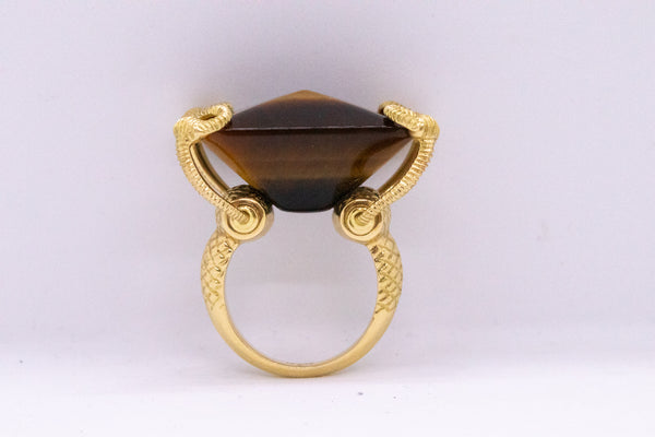 GUCCI ITALY 18 KT GOLD HORSE BIT RING WITH A MASSIVE TIGER EYE