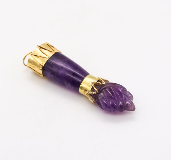 Italian 1960 Figa Hand Pendant-Charm Carved In Amethyst Mounted In 18Kt Yellow Gold