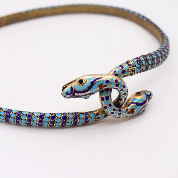 -French 1880 Egyptian Revival Snakes Necklace In Sterling Silver With Champleve Cloisonne