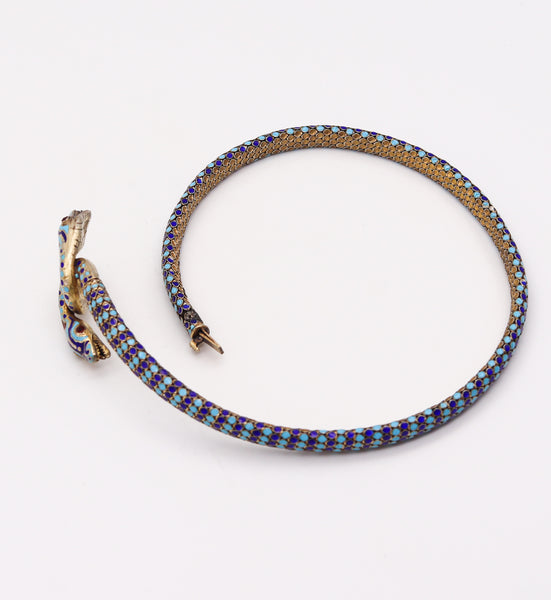 -French 1880 Egyptian Revival Snakes Necklace In Sterling Silver With Champleve Cloisonne
