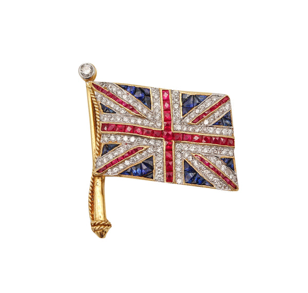 Art Deco 1930 British Flag Pendant Brooch In 18Kt Gold With 4.74 Ctw In Caliber Gemstones