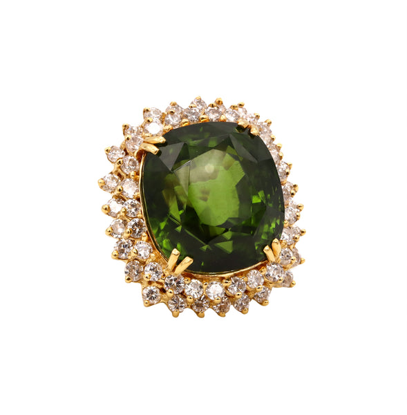 Gia Certified Massive Cocktail Ring In 18Kt Yellow Gold With 67.79 Cts In Rare Peridot & Diamonds