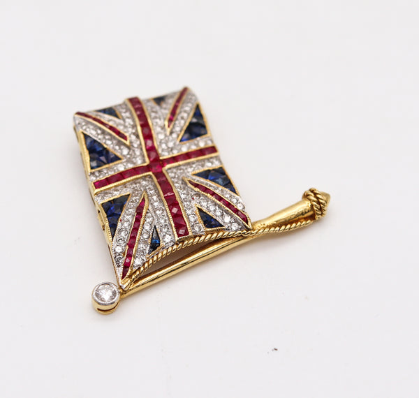 Art Deco 1930 British Flag Pendant Brooch In 18Kt Gold With 4.74 Ctw In Caliber Gemstones