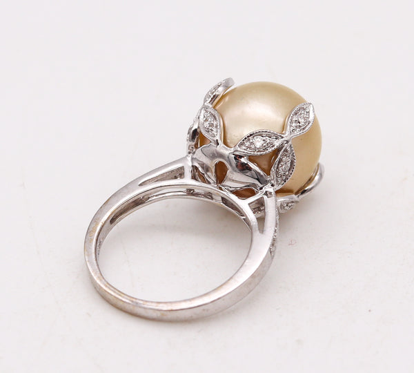 (S)Classic Solitaire Ring In 18Kt White Gold With Diamonds & 14mm Golden Round Pearl