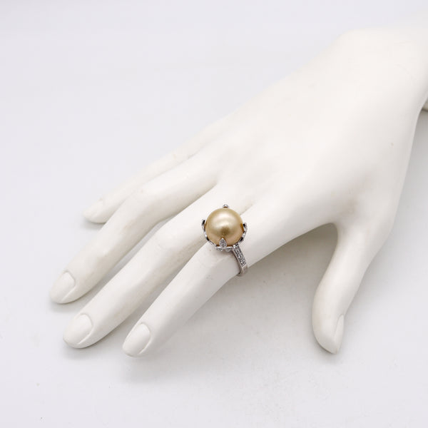 (S)Classic Solitaire Ring In 18Kt White Gold With Diamonds & 14mm Golden Round Pearl