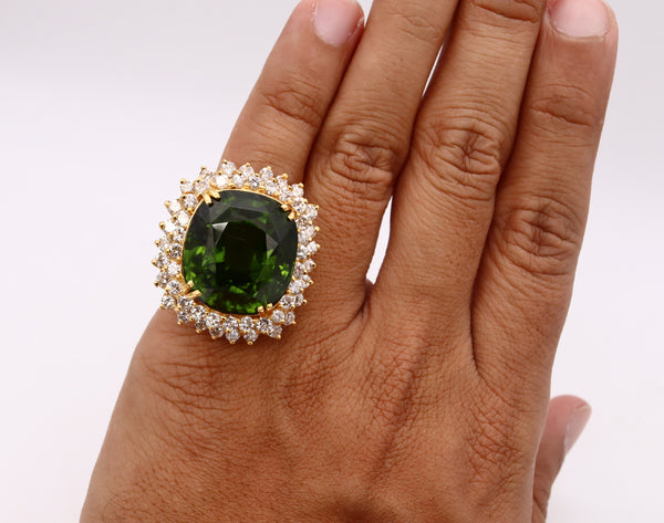 Gia Certified Massive Cocktail Ring In 18Kt Yellow Gold With 67.79 Cts In Rare Peridot & Diamonds