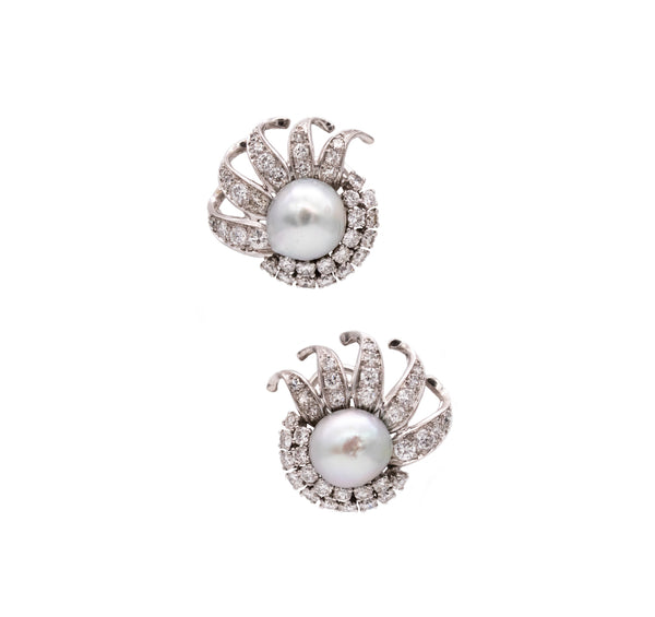 (S)Platinum 1940 Art Deco Earrings With 2 Gia Certified Pearls And 3.15 Cts In Diamonds