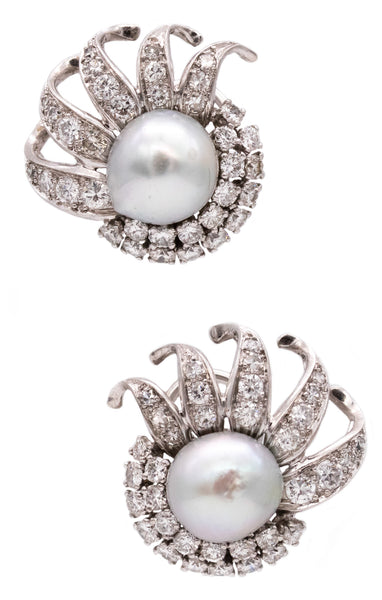 (S)Platinum 1940 Art Deco Earrings With 2 Gia Certified Pearls And 3.15 Cts In Diamonds