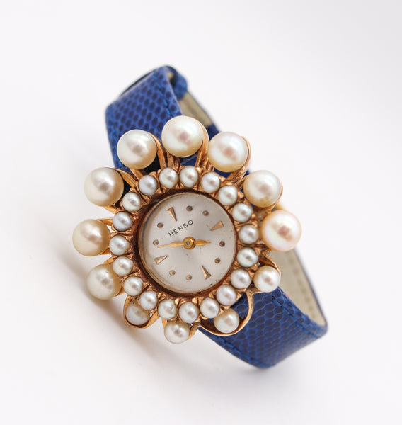 -Mid Century Henso Retro Wrist Watch In 14kt Gold With Graduated Pearls