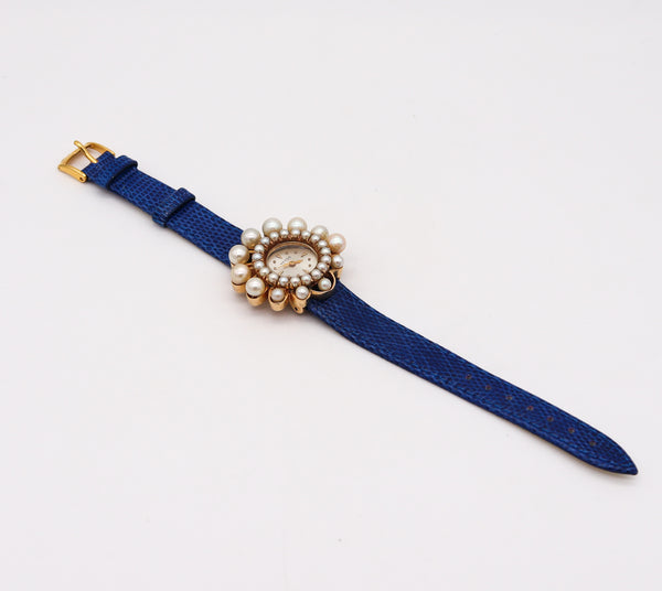 -Mid Century Henso Retro Wrist Watch In 14kt Gold With Graduated Pearls
