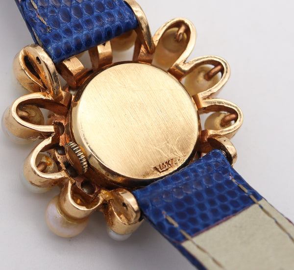 -Mid Century Henso Retro Wrist Watch In 14kt Gold With Graduated Pearls
