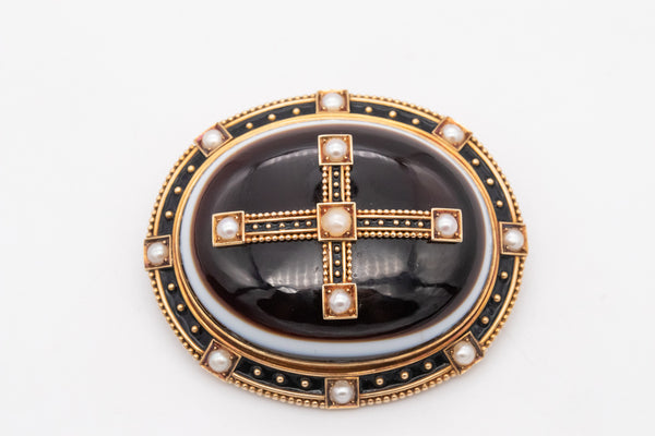 VICTORIAN 1870'S ETRUSCAN 18 KT GOLD PENDANT BROOCH WITH AGATE & NATURAL PEARLS