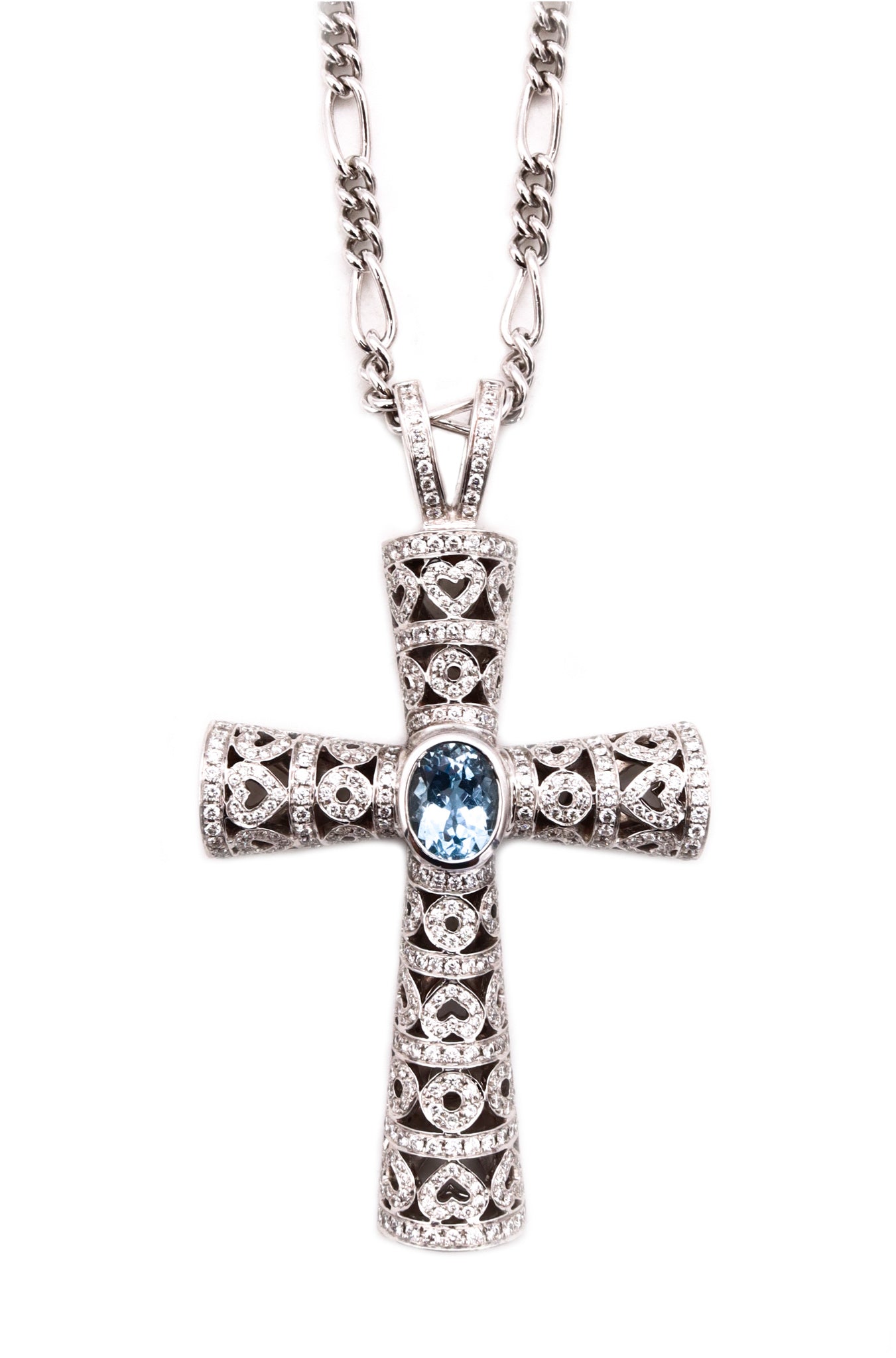 Theo Fennel London 18Kt Chain And Cross With 6.29 Cts In Diamonds And Aquamarine