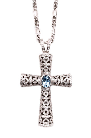 Theo Fennel London 18Kt Chain And Cross With 6.29 Cts In Diamonds And Aquamarine