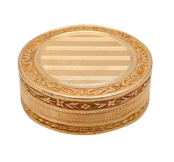 +French 1798-1809 Neoclassical Louis XVI Round Snuff Box In Labrated 18Kt Yellow Gold
