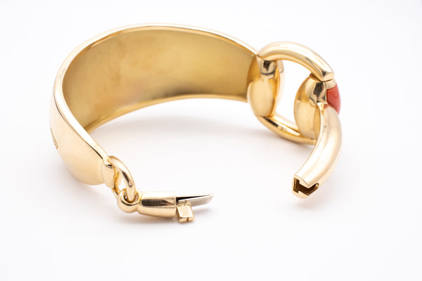 GUCCI ITALY HORSE BIT 18 KT YELLOW GOLD FLORA BRACELET WITH DEEP CORAL