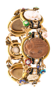 Italian 1880 Classic Etruscan Rare Colorful Bracelet In 18Kt Gold With 3.35 Ctw Diamonds