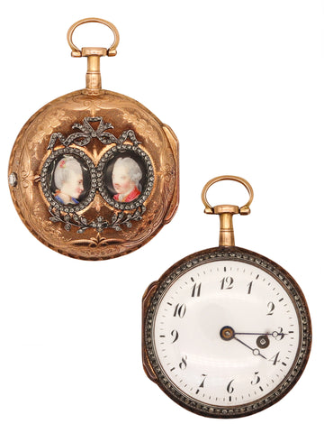 -Neuchtel 1780 Verge And Fusee Pocket Watch With Enamel Portraits Pendant In 18Kt Gold And 4.12 Cts Diamonds