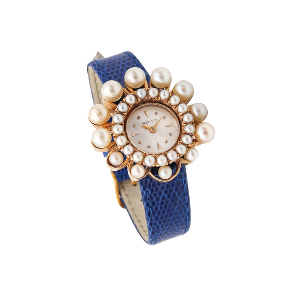 -Mid Century Henso Retro Wrist Watch In 14kt Gold With Graduated Pearls