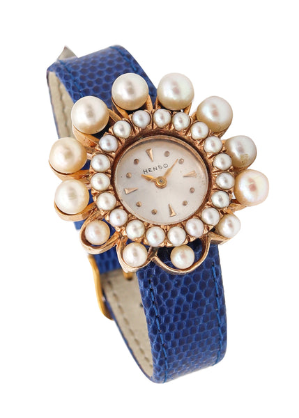 -Mid Century Henso Retro Wrist Watch In 14kt Gold With Graduated Pearls