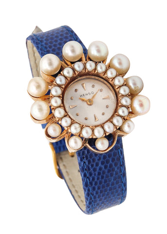 -Mid Century Henso Retro Wrist Watch In 14kt Gold With Graduated Pearls