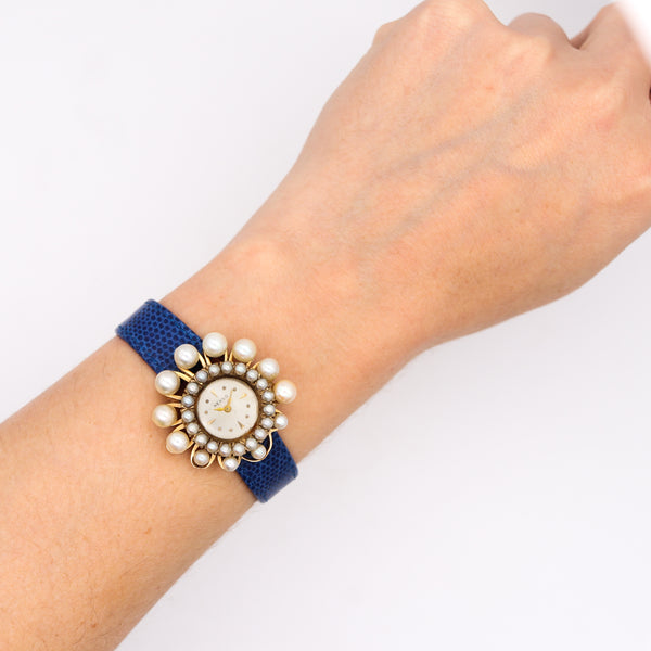 -Mid Century Henso Retro Wrist Watch In 14kt Gold With Graduated Pearls