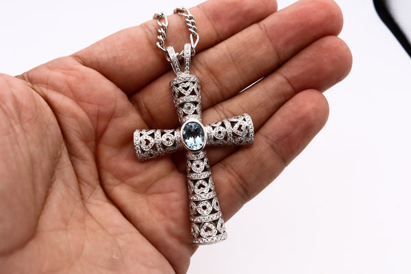 Theo Fennel London 18Kt Chain And Cross With 6.29 Cts In Diamonds And Aquamarine