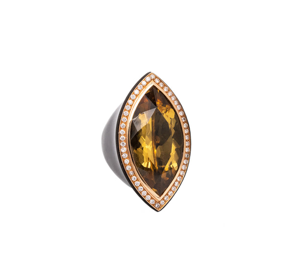 Sanalitro Milano Wood Cocktail Ring In 18Kt Yellow Gold With 31.61 Cts In Diamonds And Rare Citrine