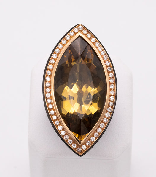 Sanalitro Milano Wood Cocktail Ring In 18Kt Yellow Gold With 31.61 Cts In Diamonds And Rare Citrine