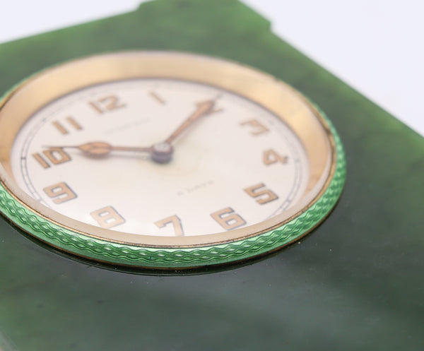 Tiffany Co. 1928 Art Deco 8 Days Jade And Spinach Green Enamel Easel Back Desk Clock