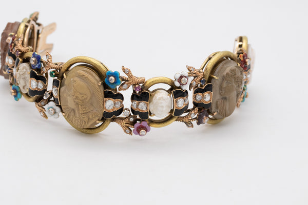 Italian 1880 Classic Etruscan Rare Colorful Bracelet In 18Kt Gold With 3.35 Ctw Diamonds