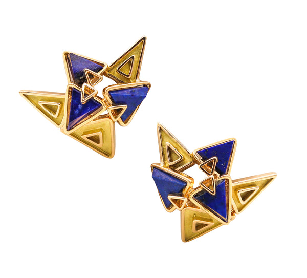 Chaumet Paris 1970 Rare Geometric Clip-on Earrings In 18Kt Gold With Carved Lapis