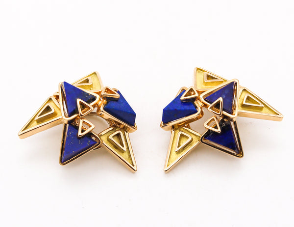 Chaumet Paris 1970 Rare Geometric Clip-on Earrings In 18Kt Gold With Carved Lapis