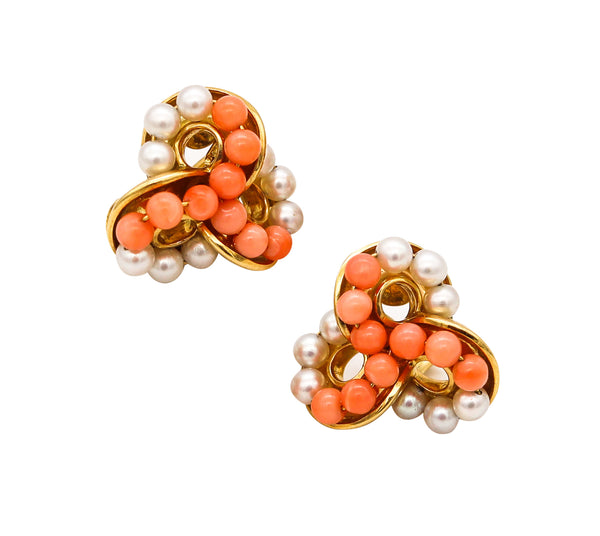 Seaman Schepps New York Clips Earrings in 18Kt Gold With Pink Coral & White Pearls