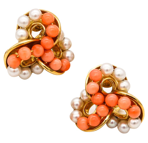 Seaman Schepps New York Clips Earrings in 18Kt Gold With Pink Coral & White Pearls