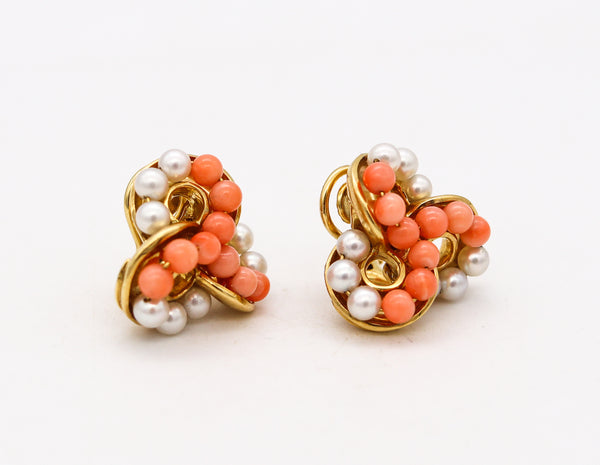 Seaman Schepps New York Clips Earrings in 18Kt Gold With Pink Coral & White Pearls