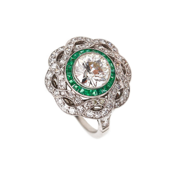 -Art Deco Classic Halo Ring In Platinum With 3.23 Ctw In Diamonds And Emeralds