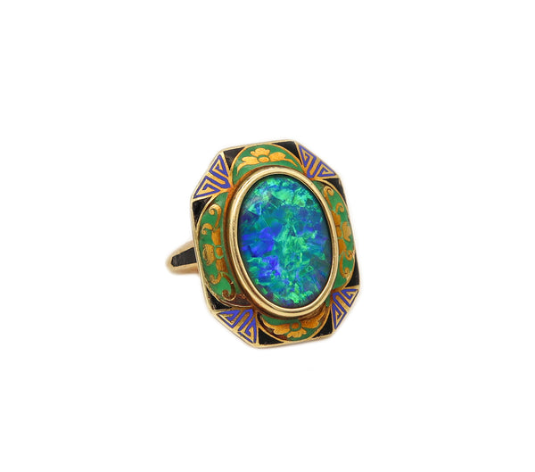-Art Deco 1925 Geometric Enamelled Ring In 18Kt Gold With 3.78 Cts Black Opal