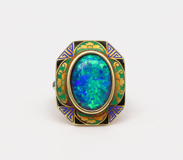 -Art Deco 1925 Geometric Enamelled Ring In 18Kt Gold With 3.78 Cts Black Opal