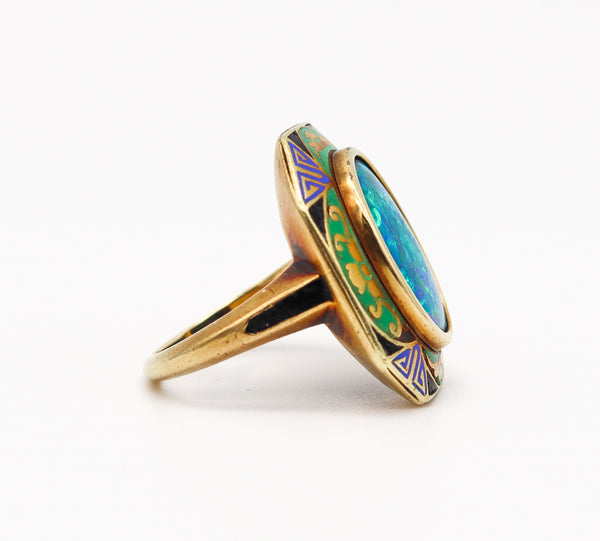 -Art Deco 1925 Geometric Enamelled Ring In 18Kt Gold With 3.78 Cts Black Opal