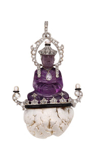 Sasportas 1920 Paris Art Deco Buddha Pendant In Platinum With Diamonds Amethyst & Pearls