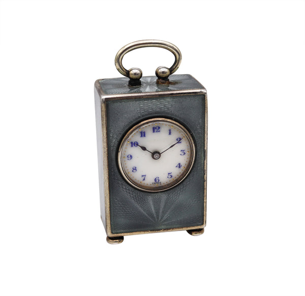 Edwardian 1908 Miniature Travel Clock With Guilloché Enamel In Sterling With Fitted Case