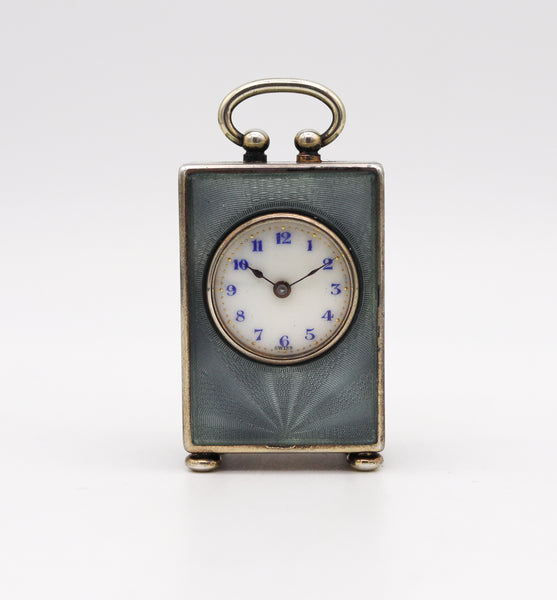 Edwardian 1908 Miniature Travel Clock With Guilloché Enamel In Sterling With Fitted Case