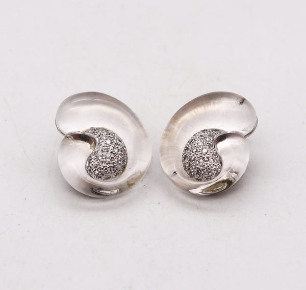 Modernist 1970 Clip Earrings In 18Kt White Gold With 61.20 Cts In Diamonds & Rock Quartz